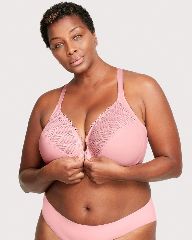 Front of a model wearing a size 34G Front-Closure T-Back WonderWire Bra in Pink Blush by Glamorise. | dia_product_style_image_id:262703